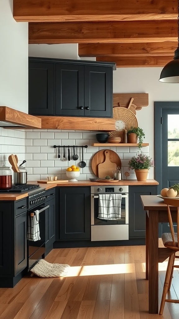 A rustic kitchen featuring black cabinets, wooden countertops, and open shelving with decorative elements.