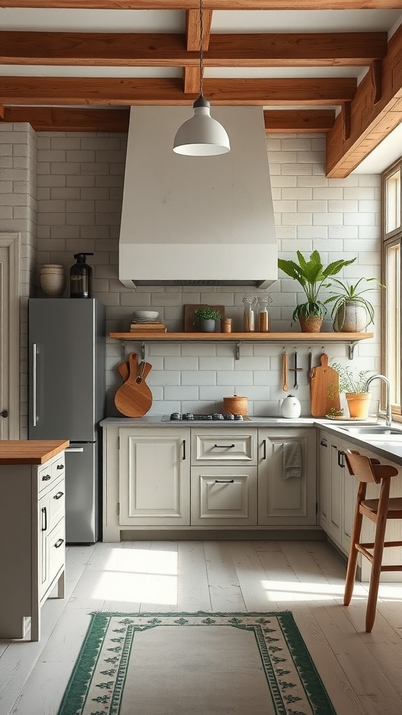 A rustic kitchen with wooden beams, neutral cabinetry, and plants, featuring warm colors and a cozy rug.