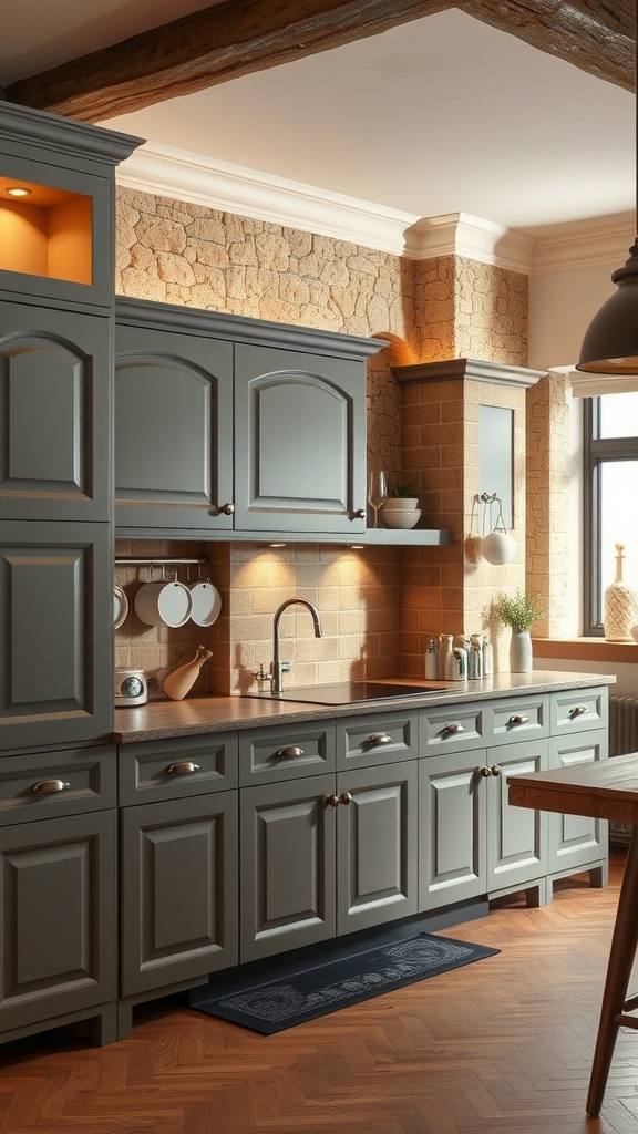 A rustic kitchen featuring gray cabinets paired with stone accents and wooden flooring.