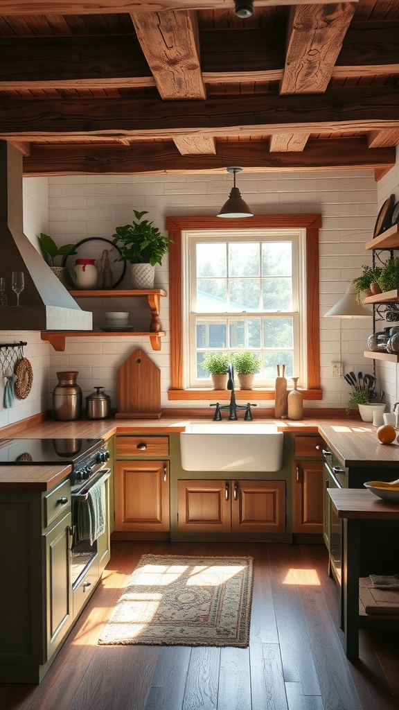 A rustic farmhouse kitchen with wooden beams, olive green cabinets, and a large farmhouse sink.