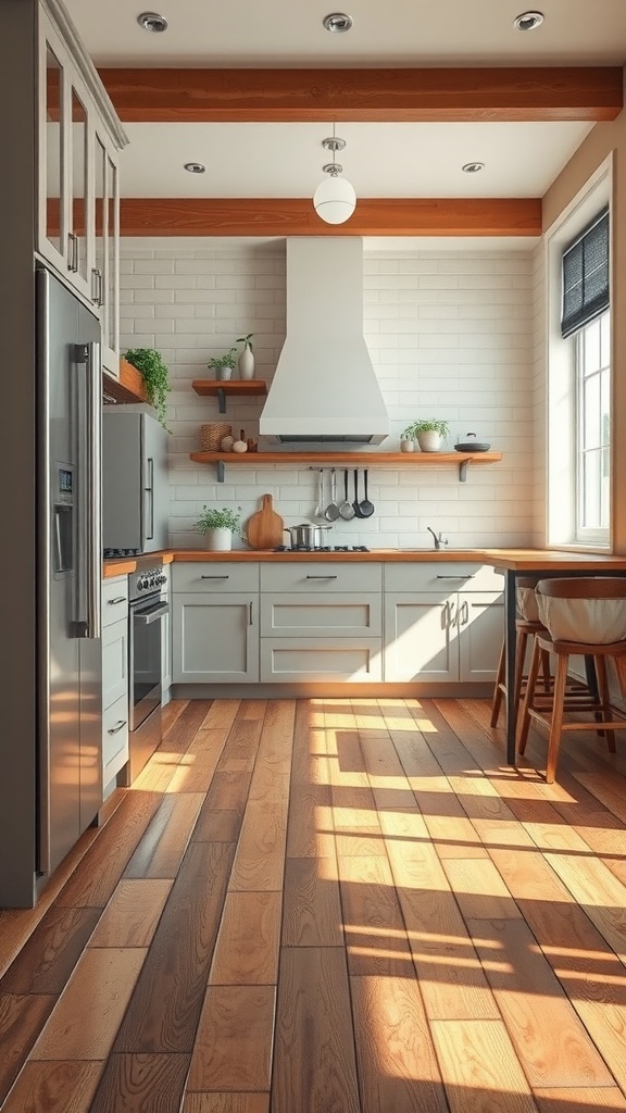 A rustic farmhouse kitchen featuring wooden flooring, white cabinetry, and warm lighting.