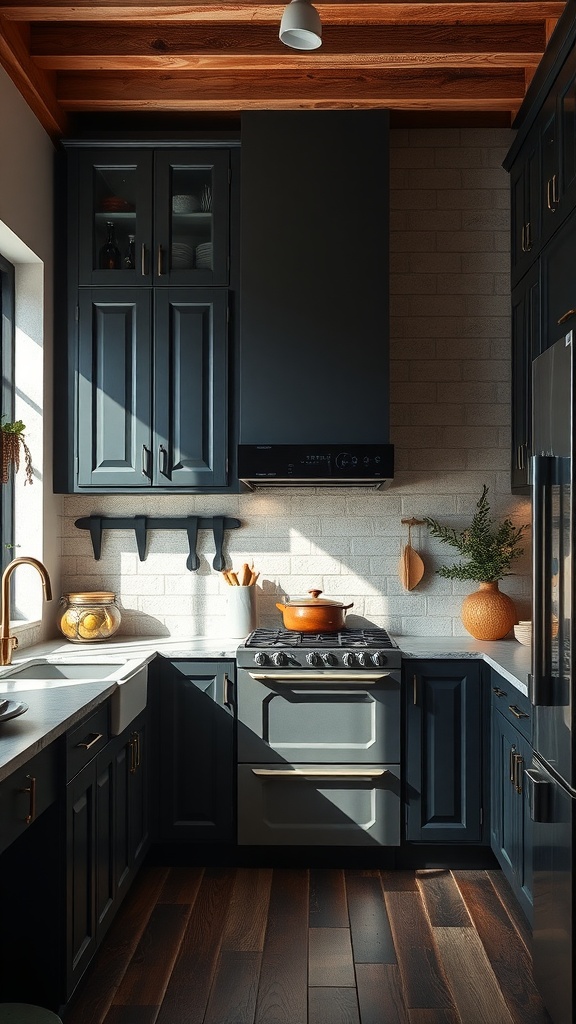 A cozy kitchen with dark gray cabinets, wooden ceiling beams, and a warm atmosphere.