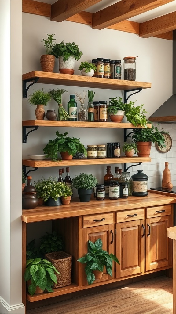 Rustic oak shelving with plants and jars in a brown kitchen