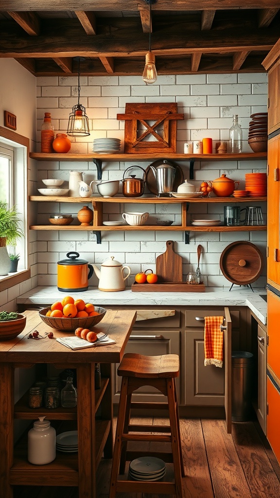 A rustic kitchen with orange decor and green cabinets.