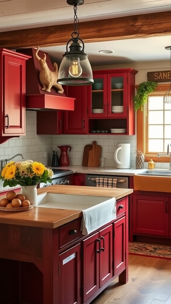 A rustic kitchen featuring bold red cabinets, wooden countertops, and potted plants.