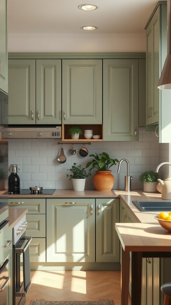 A modern kitchen featuring sage green cabinets, wooden elements, and plants, creating a serene atmosphere.