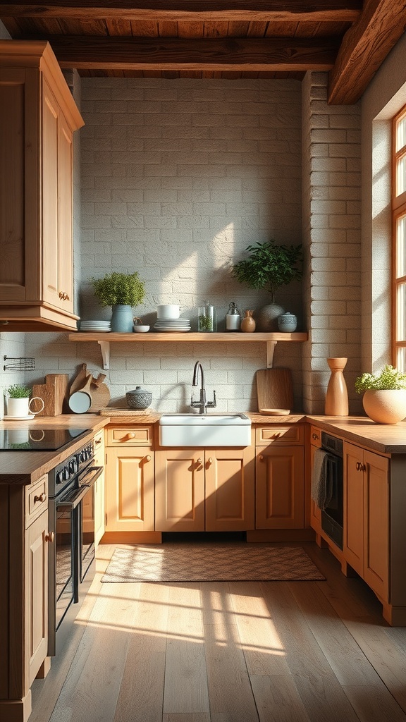 A warm kitchen featuring sandstone cabinets, wooden accents, and natural light.