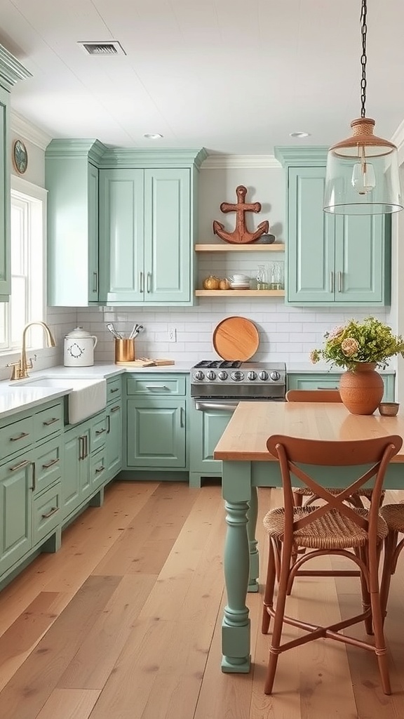 A bright kitchen featuring seafoam green cabinets, wooden accents, and coastal decor.