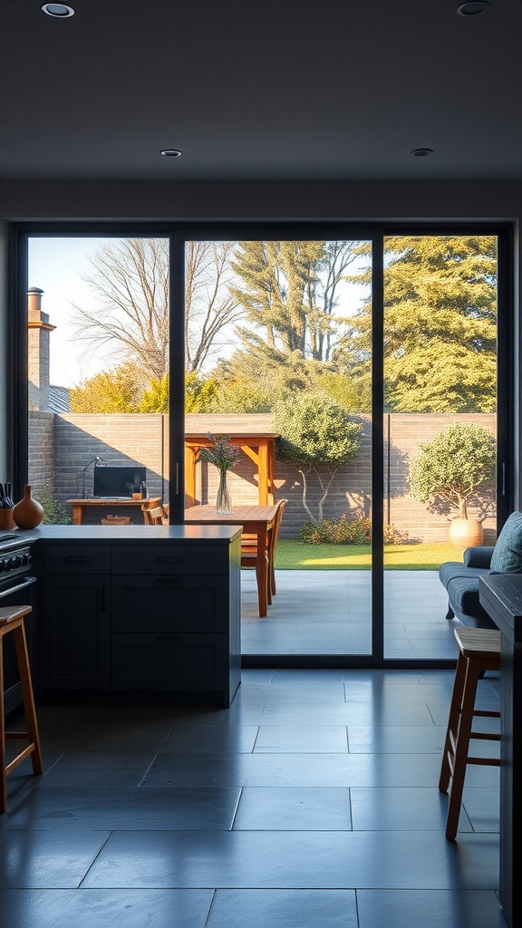 A modern kitchen with large glass doors leading to an outdoor patio, featuring a view of a garden.