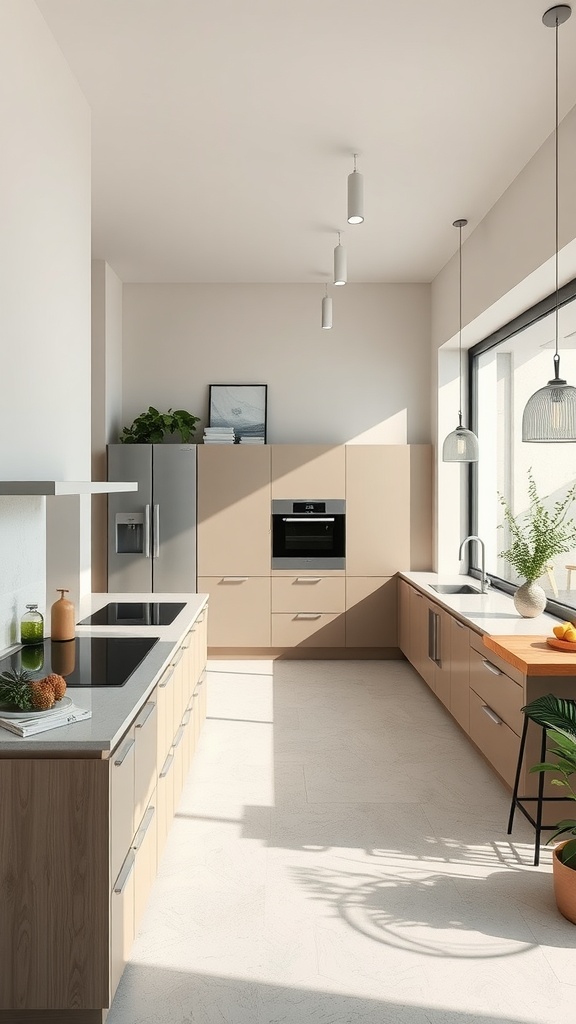 A modern, neutral kitchen with large windows and wood accents, showcasing a seamless connection to the outdoors.