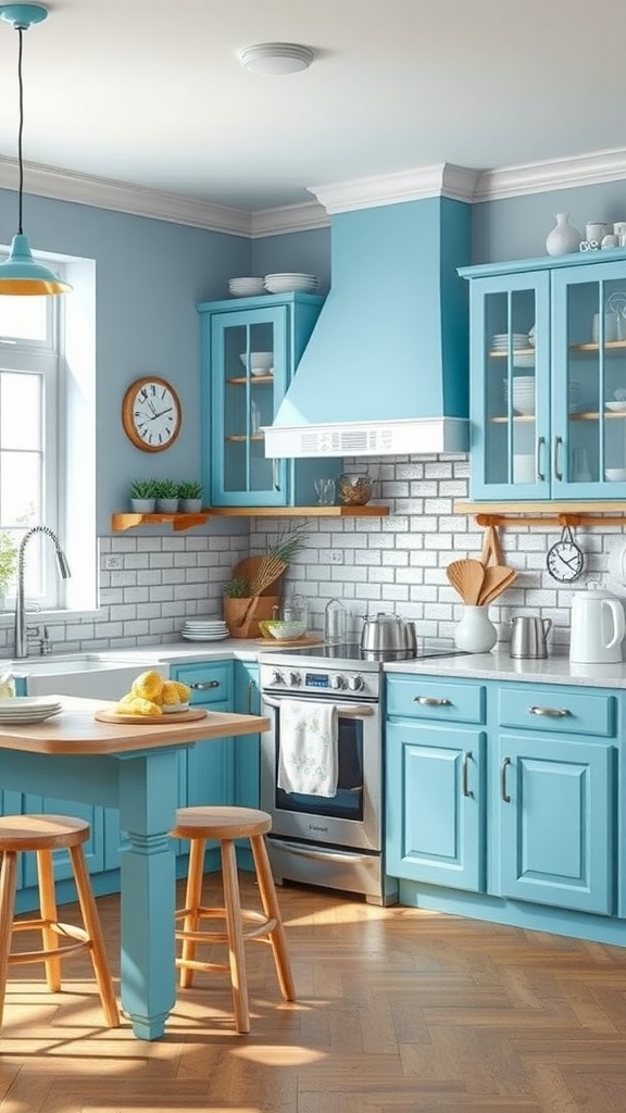 A bright blue kitchen featuring seaside-inspired decor with vibrant blue cabinets, white tiles, and wooden accents.