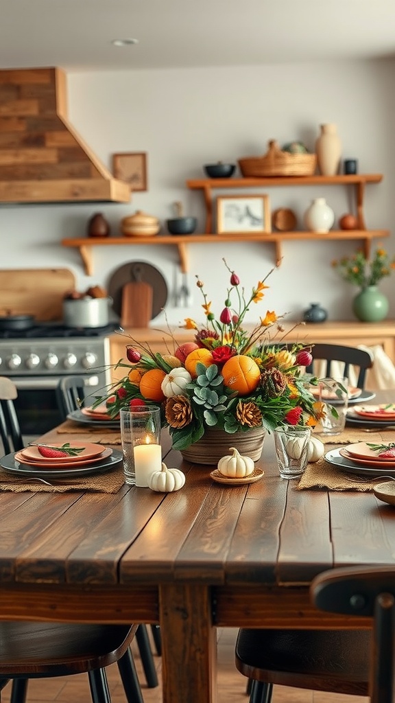 A rustic farmhouse kitchen table decorated with a colorful seasonal centerpiece, featuring fruits, flowers, and pinecones.