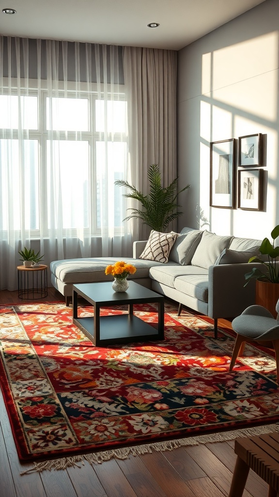 A bright and floral area rug in a stylish living room with a gray sofa and wooden accents.