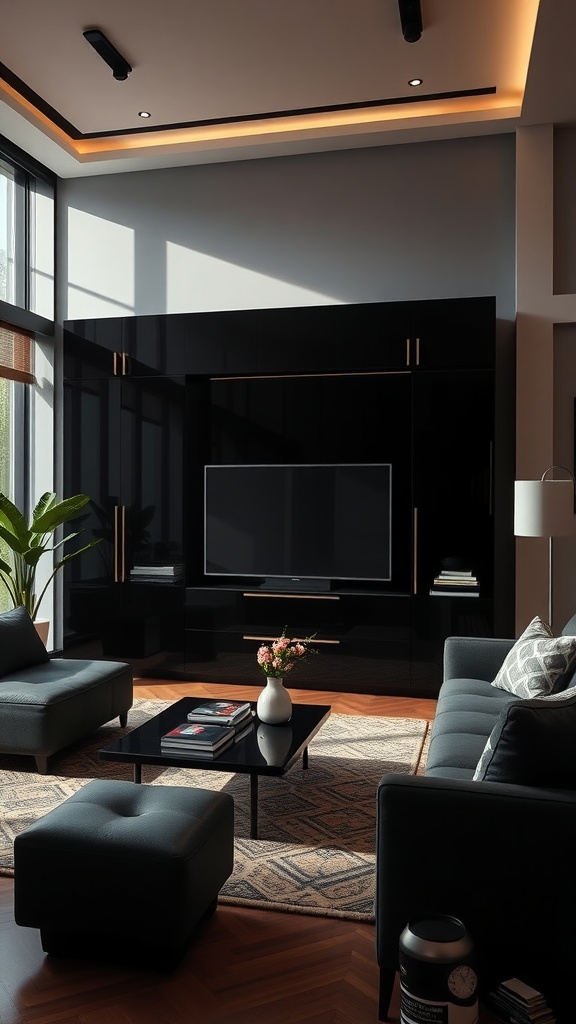 A modern black living room featuring sleek storage solutions, elegant seating, and natural light.