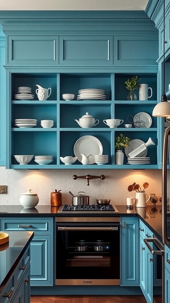 A bright sky blue kitchen with open shelving displaying white dinnerware and decorative items.