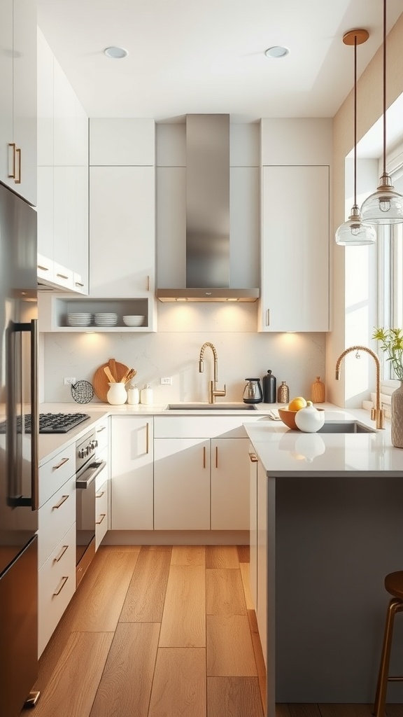 Modern kitchen with white cabinets, stainless steel appliances, and wooden flooring.