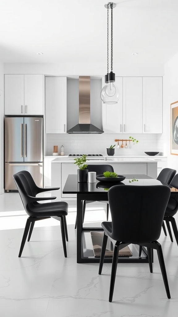 A modern kitchen featuring a sleek black dining set with a round table and stylish chairs.