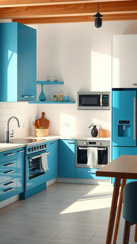 Modern kitchen with blue cabinetry and sleek appliances.