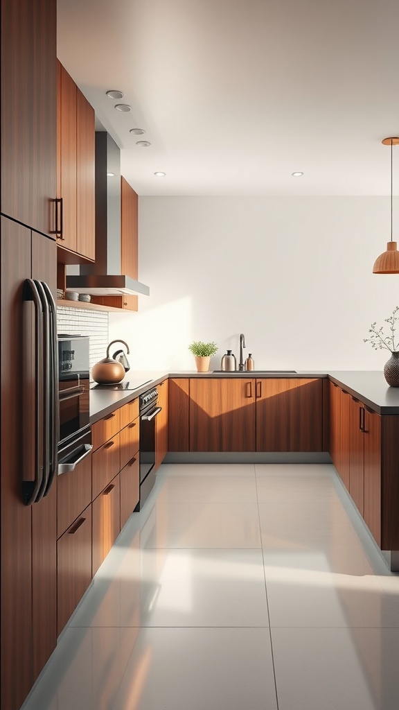 A modern kitchen featuring sleek brown cabinetry with contrasting dark countertops and natural lighting.