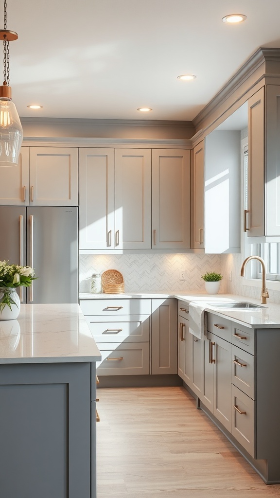 Modern kitchen featuring light gray cabinets with quartz countertops