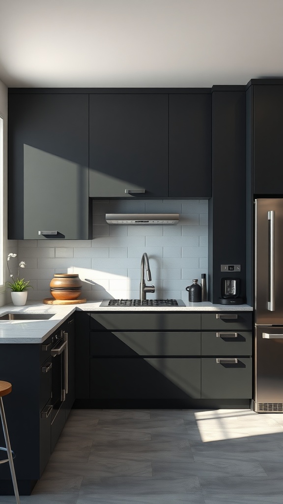 A modern kitchen featuring dark gray cabinets, white countertops, and a bright ambiance.