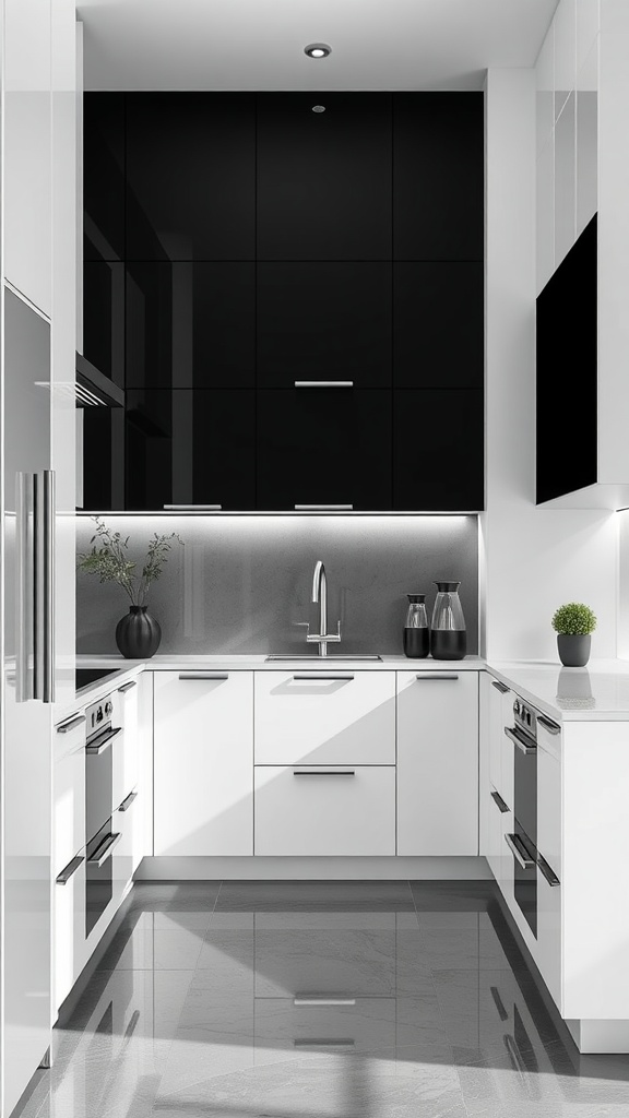 Modern black and white kitchen with sleek cabinets and minimalistic design