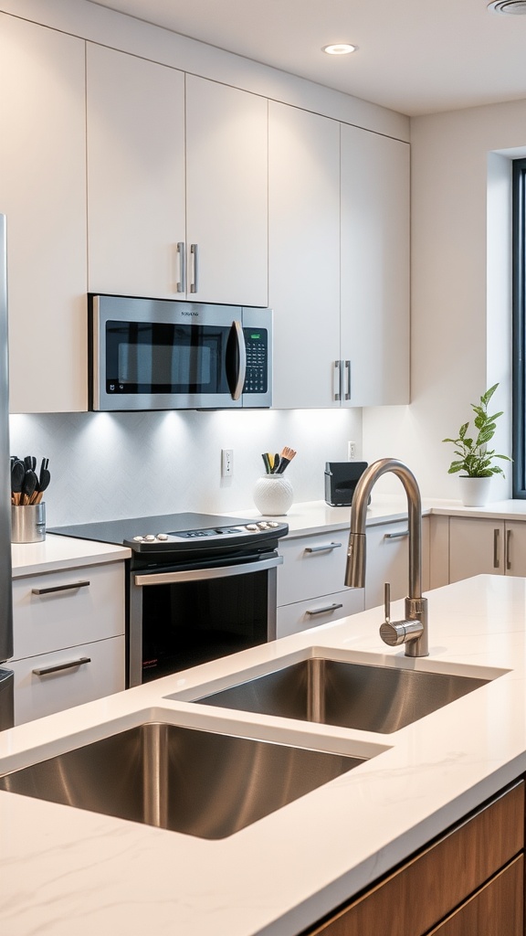 A modern kitchen featuring a sleek faucet, digital display, and stylish design.