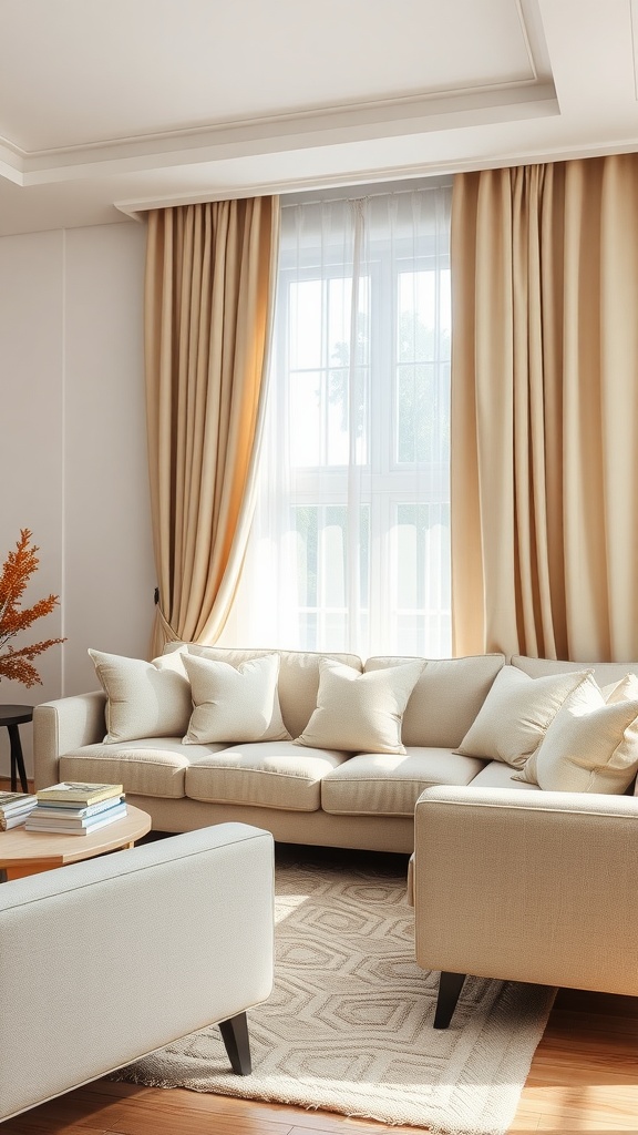 A cozy beige living room featuring a soft sofa, decorative pillows, and elegant curtains.