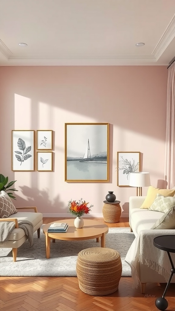 A cozy living room featuring soft blush accent walls, light wood furniture, and decorative artwork.