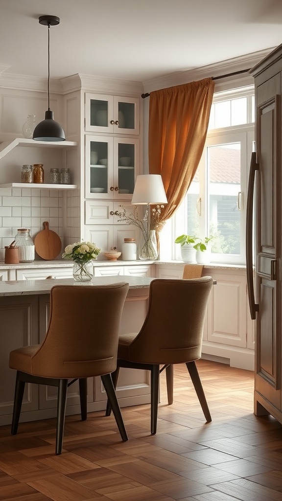 A cozy kitchen with soft brown textiles including chairs and curtains