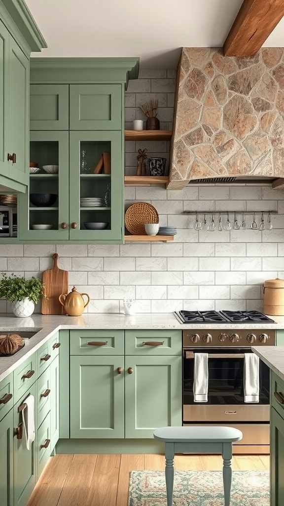 A kitchen featuring soft green cabinets, a white brick wall, wooden accents, and a cozy dining area.