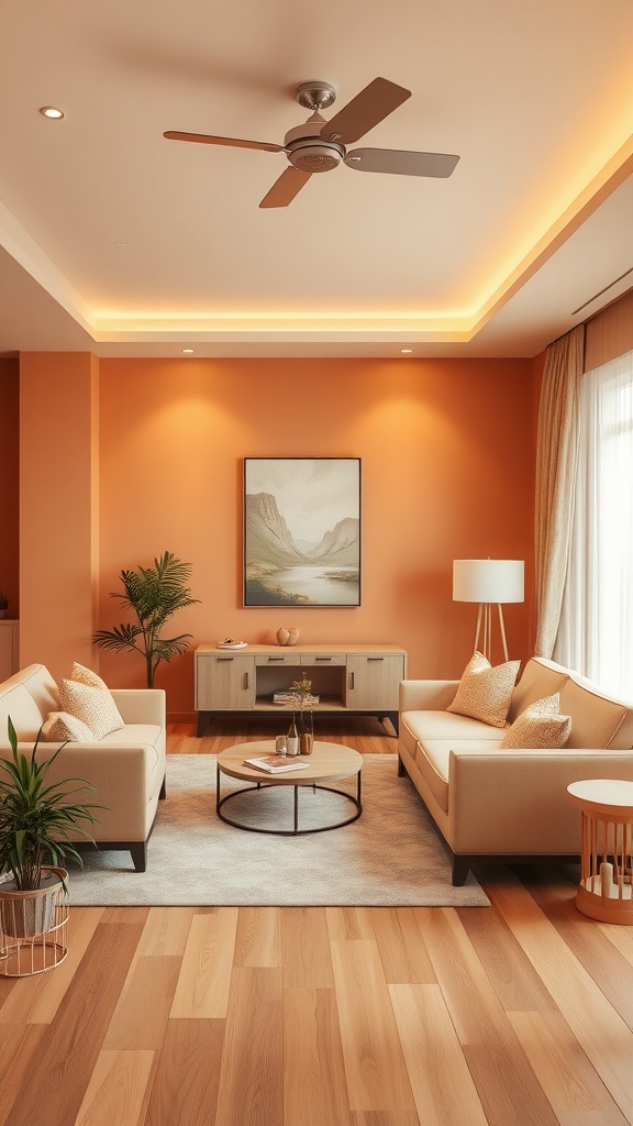 A cozy living room featuring soft orange pastels, with orange furniture, a round clock, and natural light.