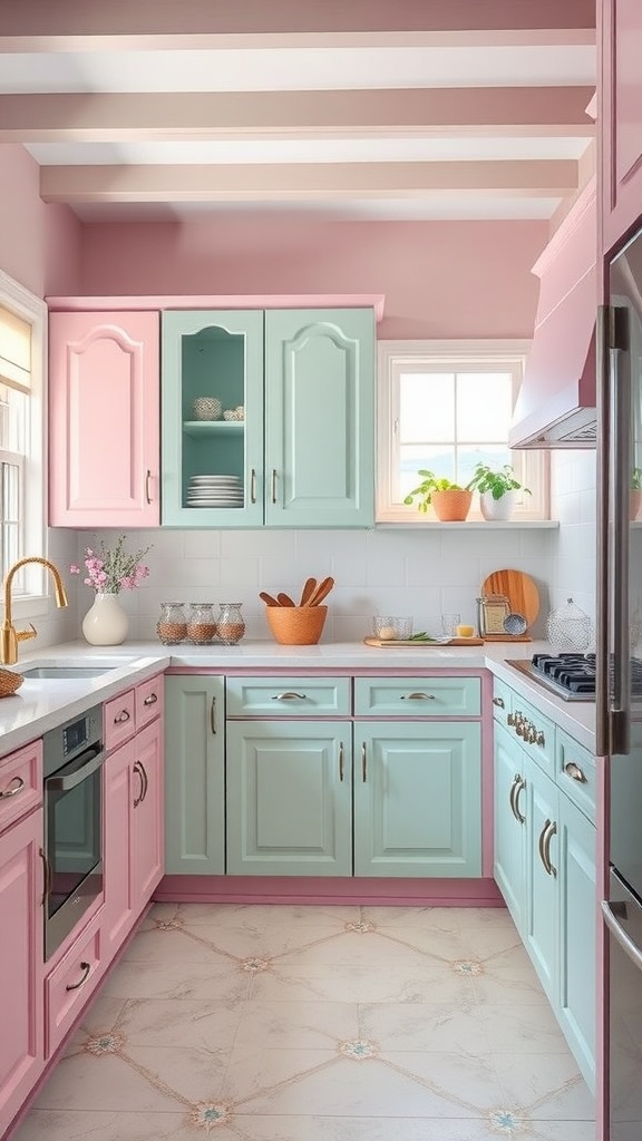 A kitchen featuring pastel pink and mint green cabinets, creating a cheerful atmosphere.