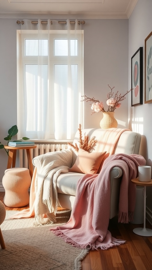 A cozy living room featuring a cream sofa with soft pink decorative throws, pillows, and natural sunlight.