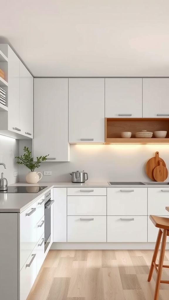 A modern kitchen featuring soft white cabinets, light wood flooring, and minimal decor.