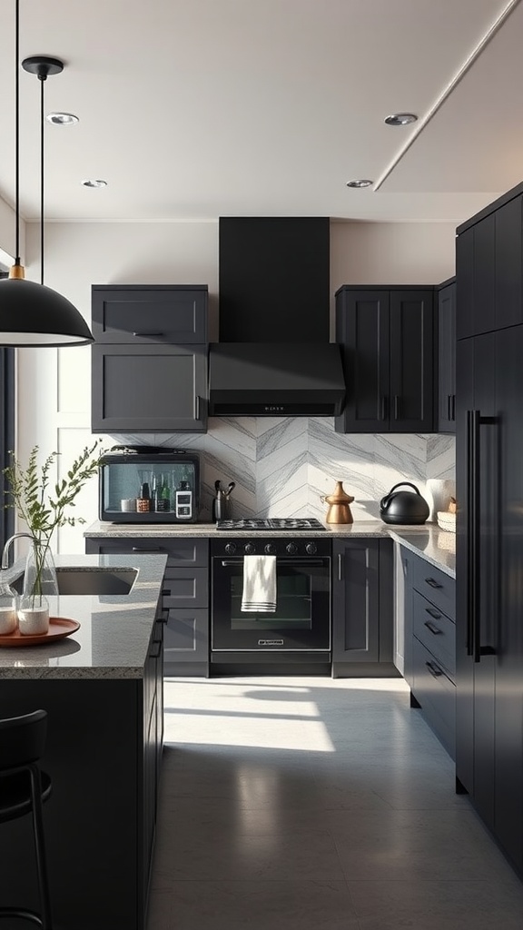 A dark gray and black kitchen with modern cabinets and appliances, featuring a sleek design.