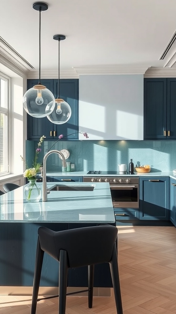 A modern kitchen featuring cerulean countertops, dark cabinetry, and stylish pendant lighting