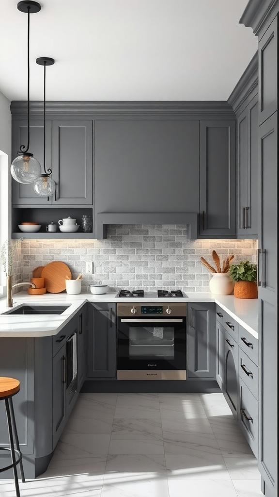 A modern kitchen with gray cabinets, light countertops, and natural light.