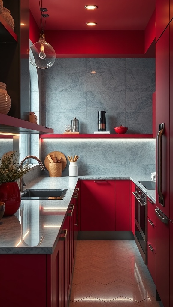 A modern kitchen featuring red cabinets and gray walls, illuminated with overhead lights.