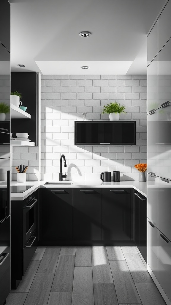 A modern black and white kitchen featuring sleek cabinets, bright lighting, and plants for decor.