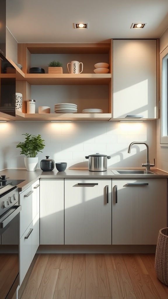 A modern kitchen with open shelves, a sink, and a stainless steel pot on the counter.