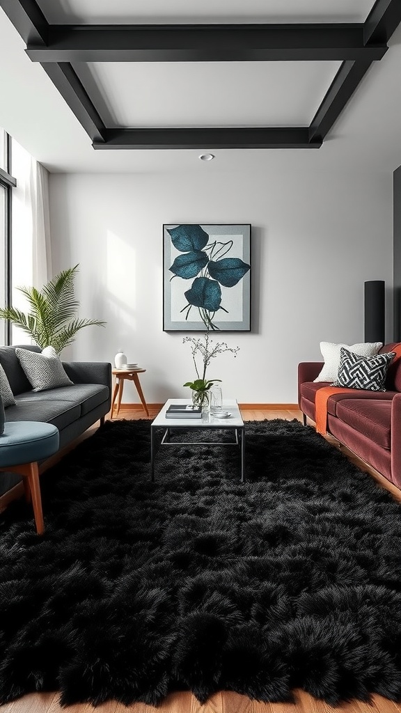 A stylish living room featuring a plush black rug, light-colored furniture, and tasteful decor.