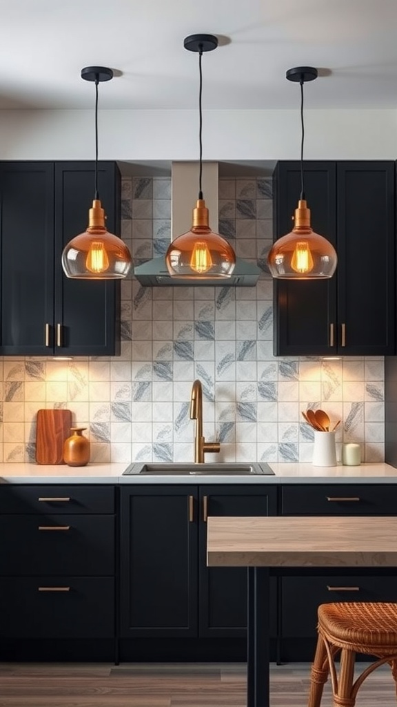 Modern kitchen with black cabinets and three pendant lights illuminating the space