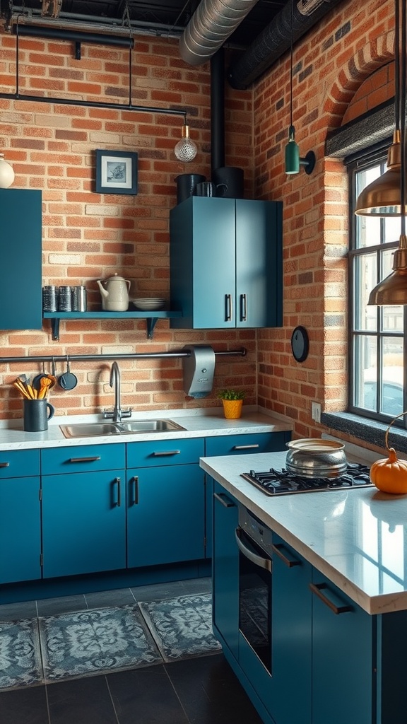 A modern kitchen featuring steel blue cabinets, a brick wall, and industrial lighting.