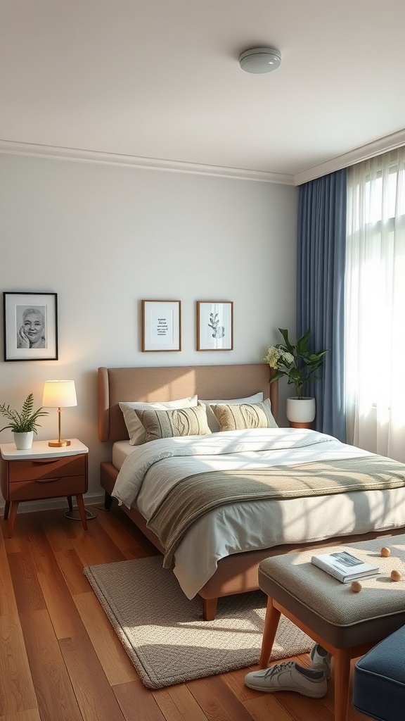 A small, well-decorated bedroom featuring a neatly made bed, a bedside table with a lamp, a plant, and a cozy ottoman.