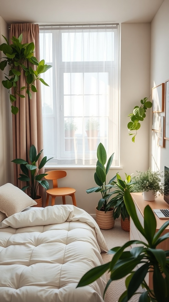 A small bedroom with a bed, chair, window, and various indoor plants creating a lively atmosphere.