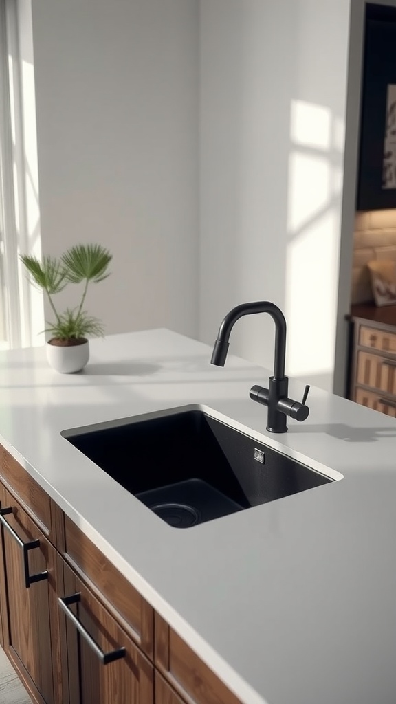 A stylish black kitchen sink with a modern faucet on a white countertop.