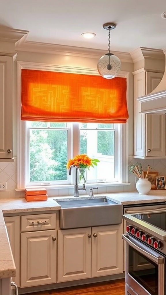 A bright kitchen with orange window treatments, showcasing a sink area with flowers and decorative items.