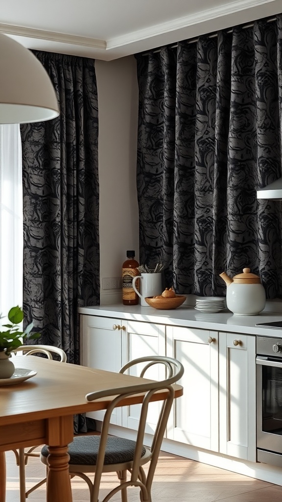 A kitchen featuring black patterned curtains, light cabinets, and a wooden dining table.