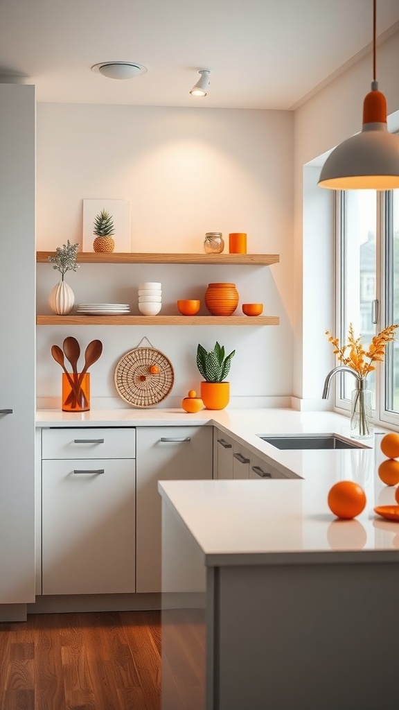 A modern kitchen featuring subtle orange accents with white cabinetry and wooden shelves.